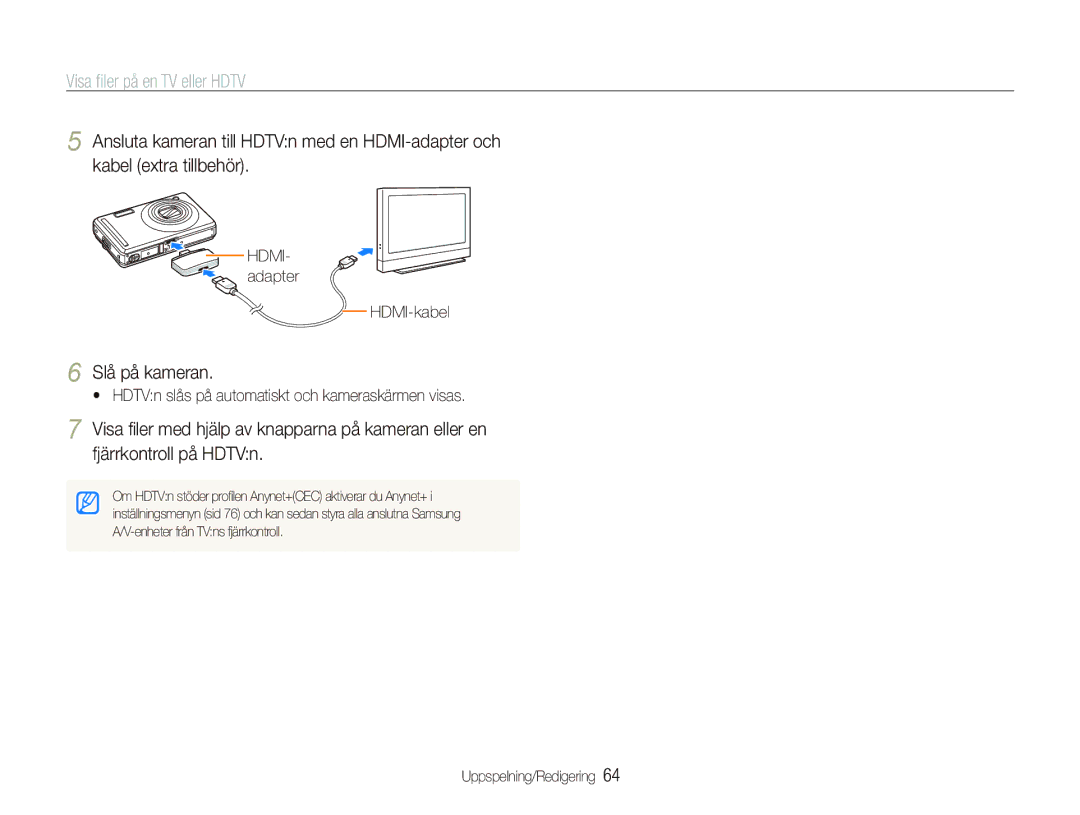 Samsung EC-PL70ZZBPBE2, EC-PL70ZZBPRE2 manual Visa ﬁler på en TV eller Hdtv, Slå på kameran, HDMI- adapter HDMI-kabel 