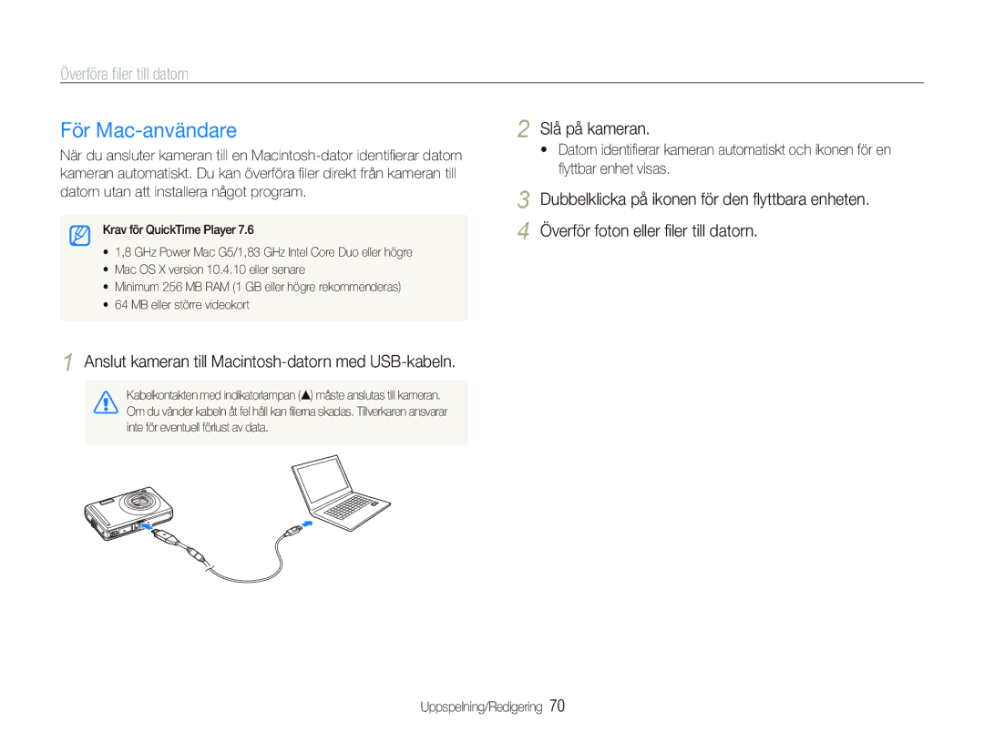 Samsung EC-PL70ZZBPPE2, EC-PL70ZZBPRE2, EC-PL70ZZBPBE2, EC-PL70ZZBPSE2 manual För Mac-användare, Slå på kameran 