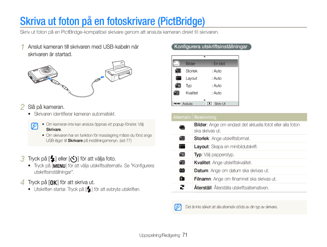 Samsung EC-PL70ZZBPRE2 manual Skriva ut foton på en fotoskrivare PictBridge, Tryck på F eller t för att välja foto 