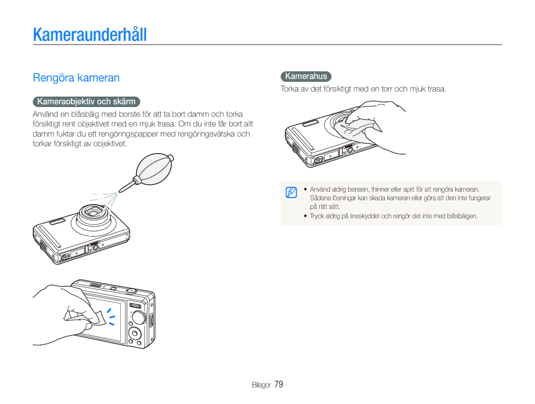 Samsung EC-PL70ZZBPRE2, EC-PL70ZZBPBE2 manual Kameraunderhåll, Rengöra kameran, Kameraobjektiv och skärm, Kamerahus 