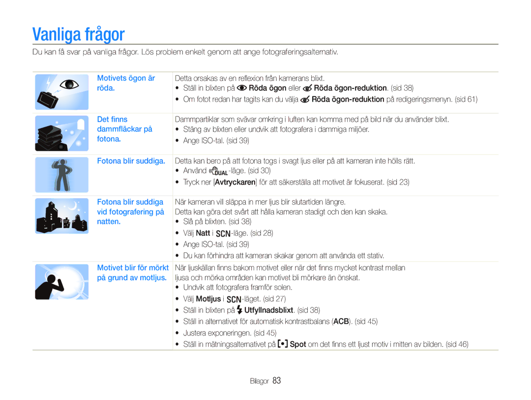 Samsung EC-PL70ZZBPRE2, EC-PL70ZZBPBE2, EC-PL70ZZBPSE2, EC-PL70ZZBPPE2 manual Vanliga frågor 