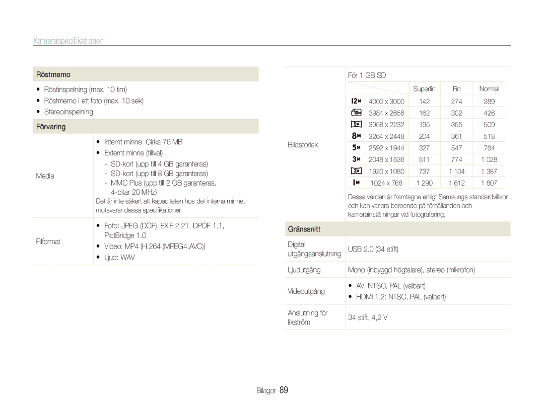 Samsung EC-PL70ZZBPSE2, EC-PL70ZZBPRE2, EC-PL70ZZBPBE2 manual Bildstorlek, Gränssnitt Digital, Ljudutgång, Videoutgång 