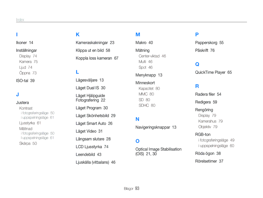 Samsung EC-PL70ZZBPSE2, EC-PL70ZZBPRE2, EC-PL70ZZBPBE2, EC-PL70ZZBPPE2 manual Index 