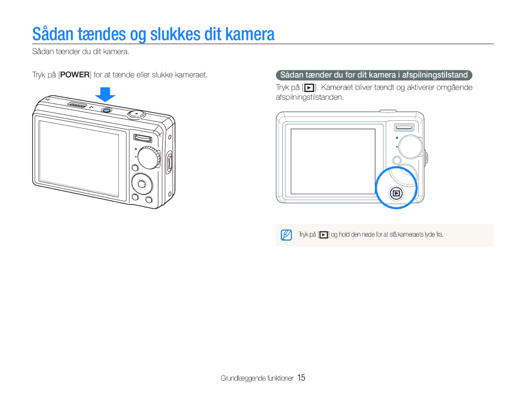 Samsung EC-PL70ZZBPRE2 manual Sådan tændes og slukkes dit kamera, Sådan tænder du for dit kamera i afspilningstilstand 