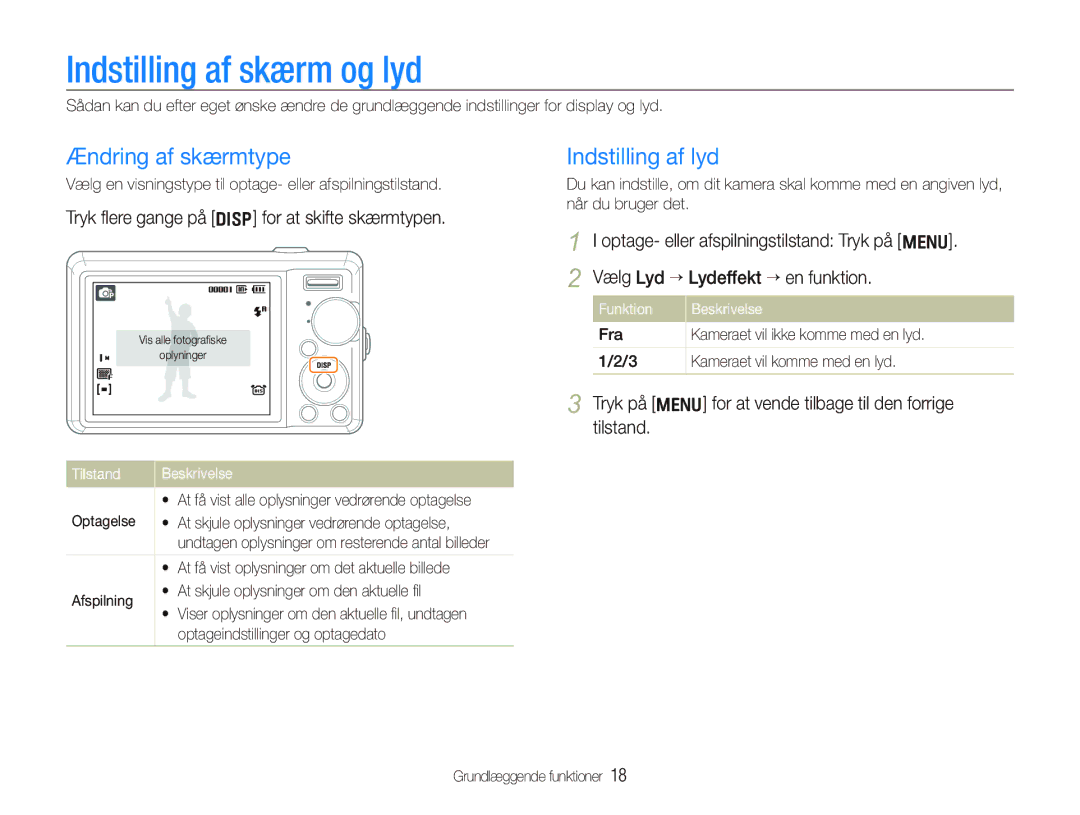 Samsung EC-PL70ZZBPPE2, EC-PL70ZZBPRE2 manual Indstilling af skærm og lyd, Ændring af skærmtype, Indstilling af lyd 