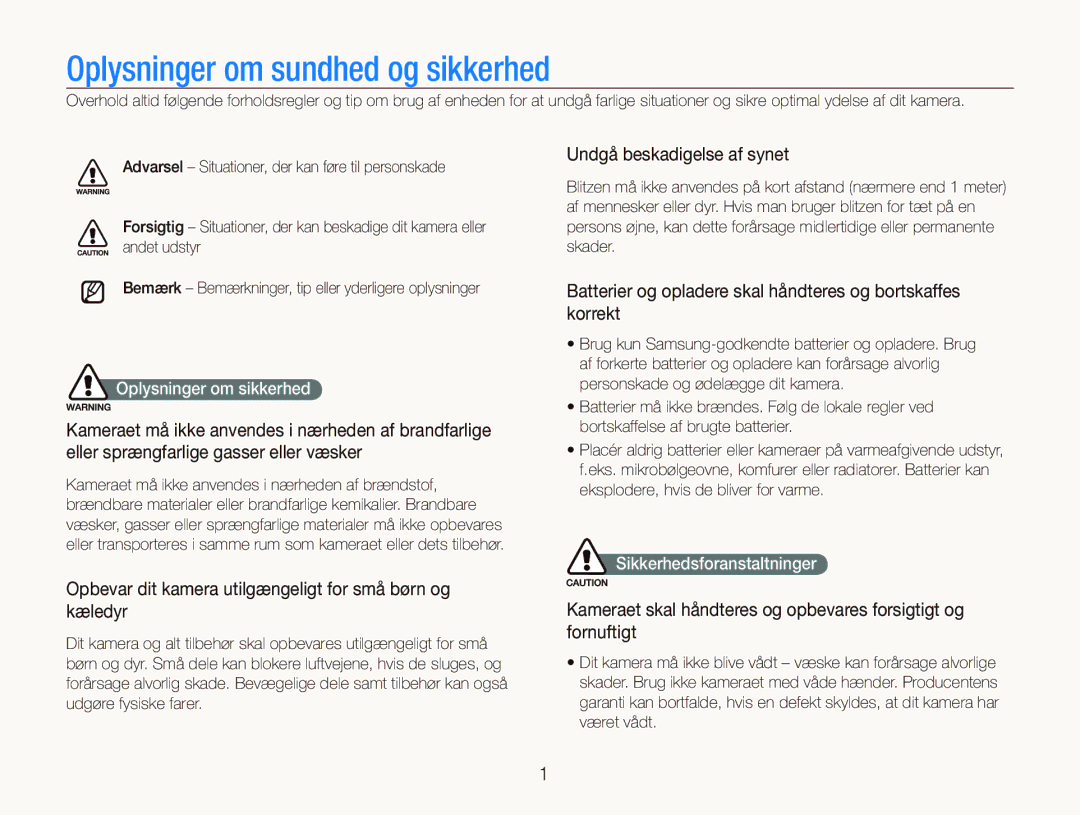 Samsung EC-PL70ZZBPSE2 manual Undgå beskadigelse af synet, Batterier og opladere skal håndteres og bortskaffes korrekt 