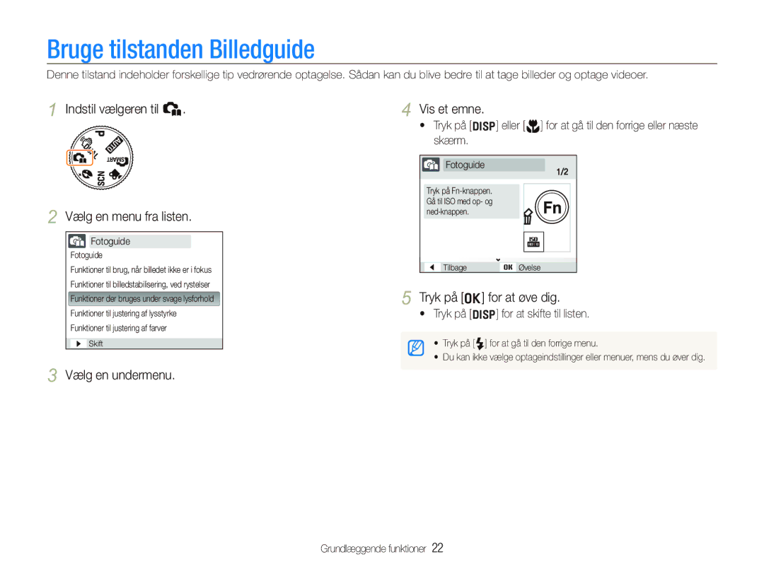 Samsung EC-PL70ZZBPPE2, EC-PL70ZZBPRE2 manual Bruge tilstanden Billedguide, Indstil vælgeren til h Vælg en menu fra listen 