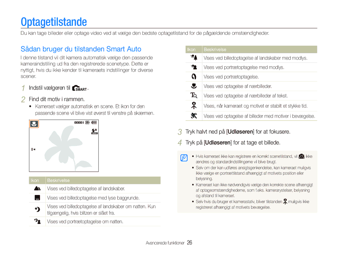 Samsung EC-PL70ZZBPPE2, EC-PL70ZZBPRE2, EC-PL70ZZBPBE2 manual Optagetilstande, Sådan bruger du tilstanden Smart Auto 