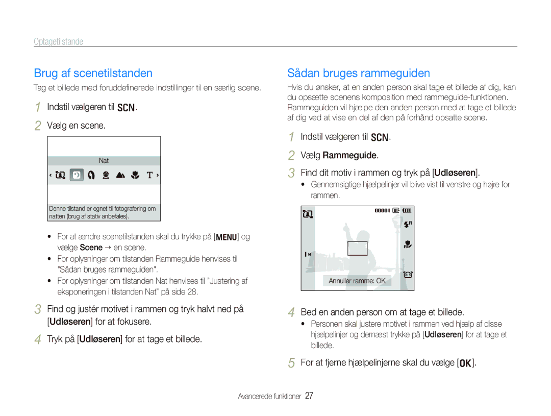 Samsung EC-PL70ZZBPRE2, EC-PL70ZZBPBE2, EC-PL70ZZBPSE2 Brug af scenetilstanden, Sådan bruges rammeguiden, Optagetilstande 