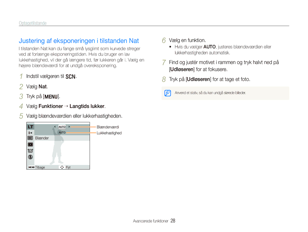 Samsung EC-PL70ZZBPBE2, EC-PL70ZZBPRE2, EC-PL70ZZBPSE2 manual Justering af eksponeringen i tilstanden Nat, Vælg en funktion 