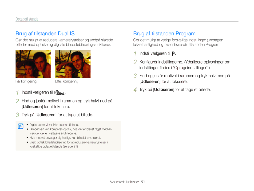 Samsung EC-PL70ZZBPPE2, EC-PL70ZZBPRE2 manual Brug af tilstanden Dual is, Brug af tilstanden Program, Indstil vælgeren til p 