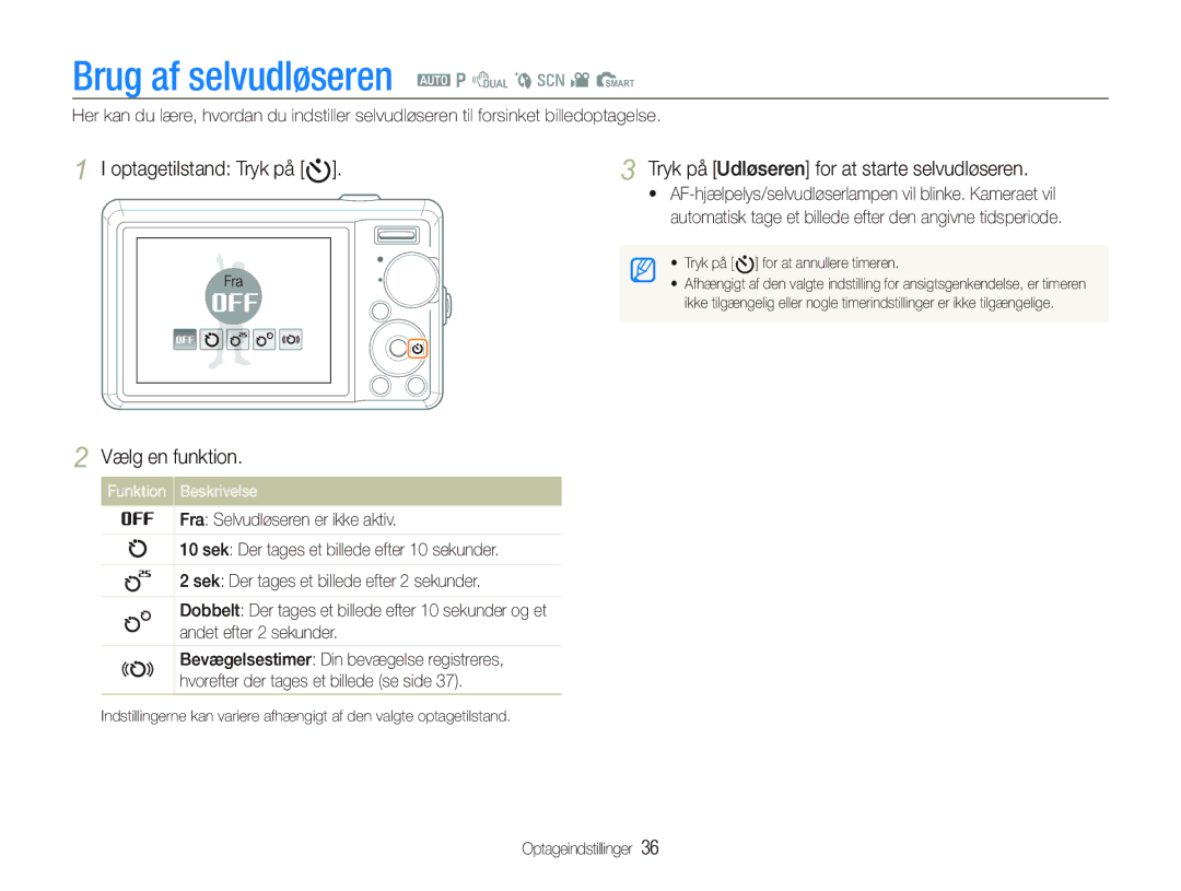 Samsung EC-PL70ZZBPBE2, EC-PL70ZZBPRE2, EC-PL70ZZBPSE2 manual Brug af selvudløseren a p d b s v S, Optagetilstand Tryk på t 