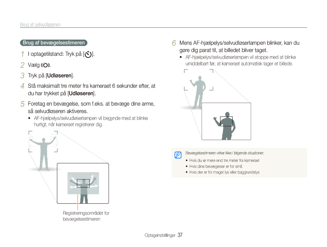 Samsung EC-PL70ZZBPSE2, EC-PL70ZZBPRE2, EC-PL70ZZBPBE2, EC-PL70ZZBPPE2 manual Brug af selvudløseren, Brug af bevægelsestimeren 