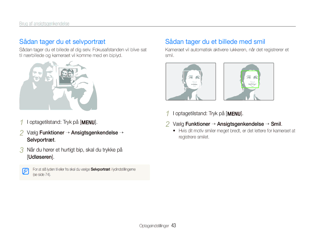 Samsung EC-PL70ZZBPRE2 manual Sådan tager du et selvportræt, Sådan tager du et billede med smil, Brug af ansigtsgenkendelse 