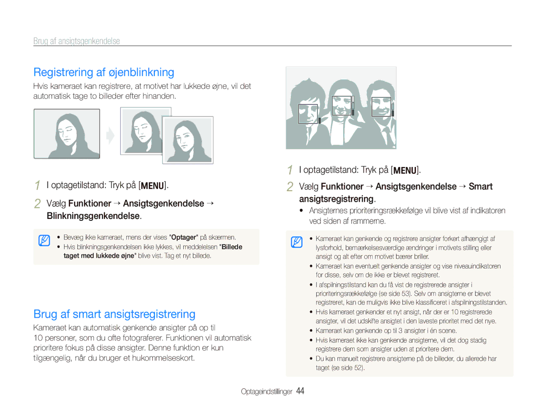 Samsung EC-PL70ZZBPBE2, EC-PL70ZZBPRE2, EC-PL70ZZBPSE2 Registrering af øjenblinkning, Brug af smart ansigtsregistrering 