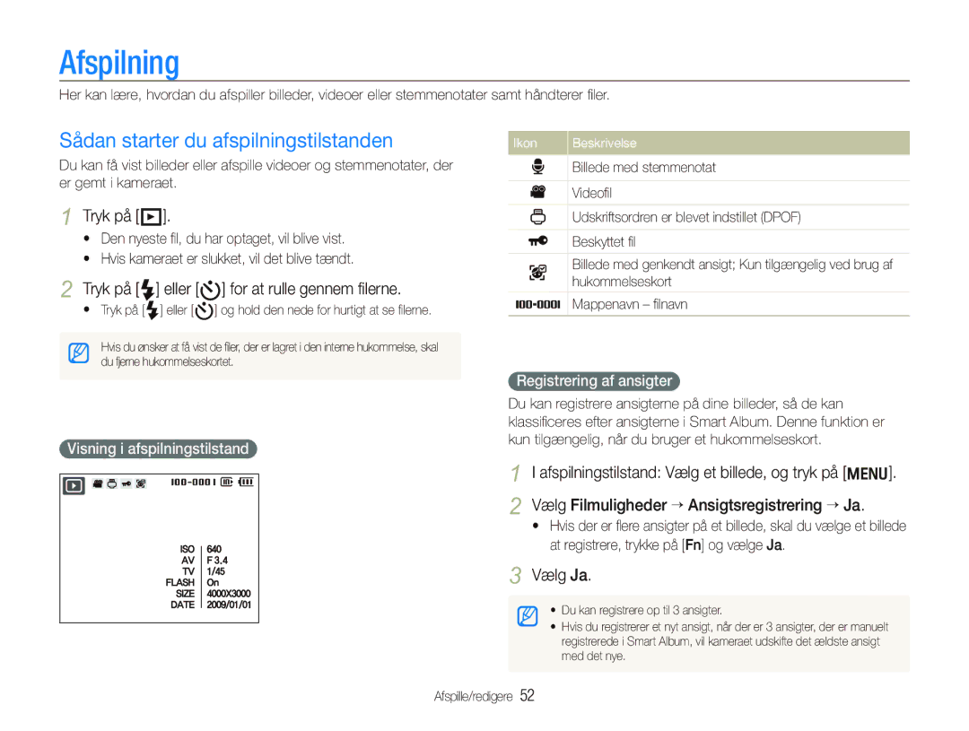 Samsung EC-PL70ZZBPBE2, EC-PL70ZZBPRE2 manual Afspilning, Sådan starter du afspilningstilstanden, Tryk på P, Vælg Ja 