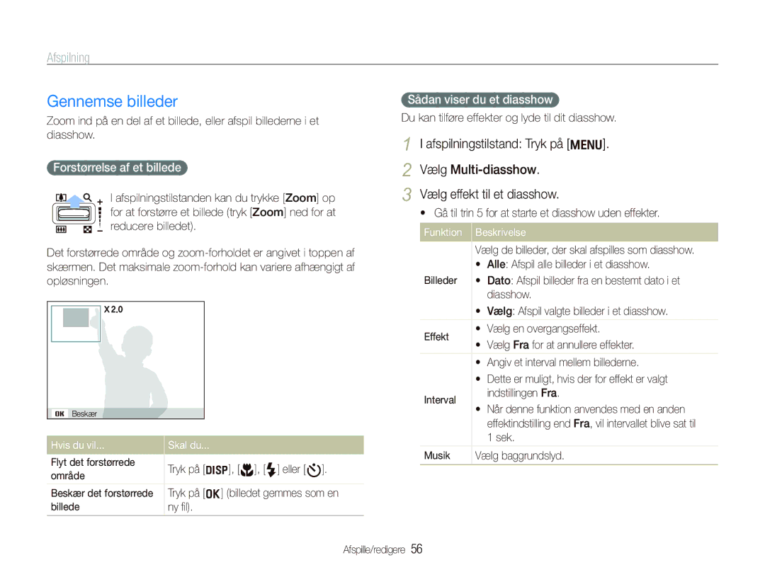 Samsung EC-PL70ZZBPBE2, EC-PL70ZZBPRE2 manual Gennemse billeder, Forstørrelse af et billede, Sådan viser du et diasshow 