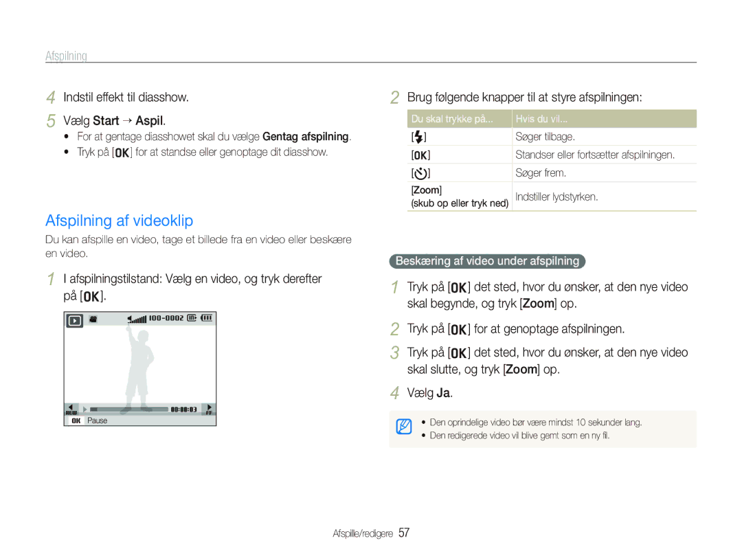 Samsung EC-PL70ZZBPSE2 manual Afspilning af videoklip, Indstil effekt til diasshow, Beskæring af video under afspilning 