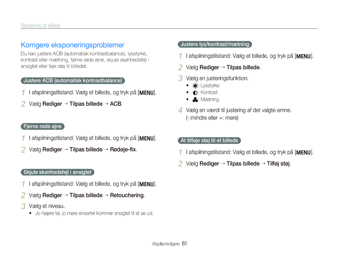 Samsung EC-PL70ZZBPSE2, EC-PL70ZZBPRE2, EC-PL70ZZBPBE2, EC-PL70ZZBPPE2 manual Korrigere eksponeringsproblemer 