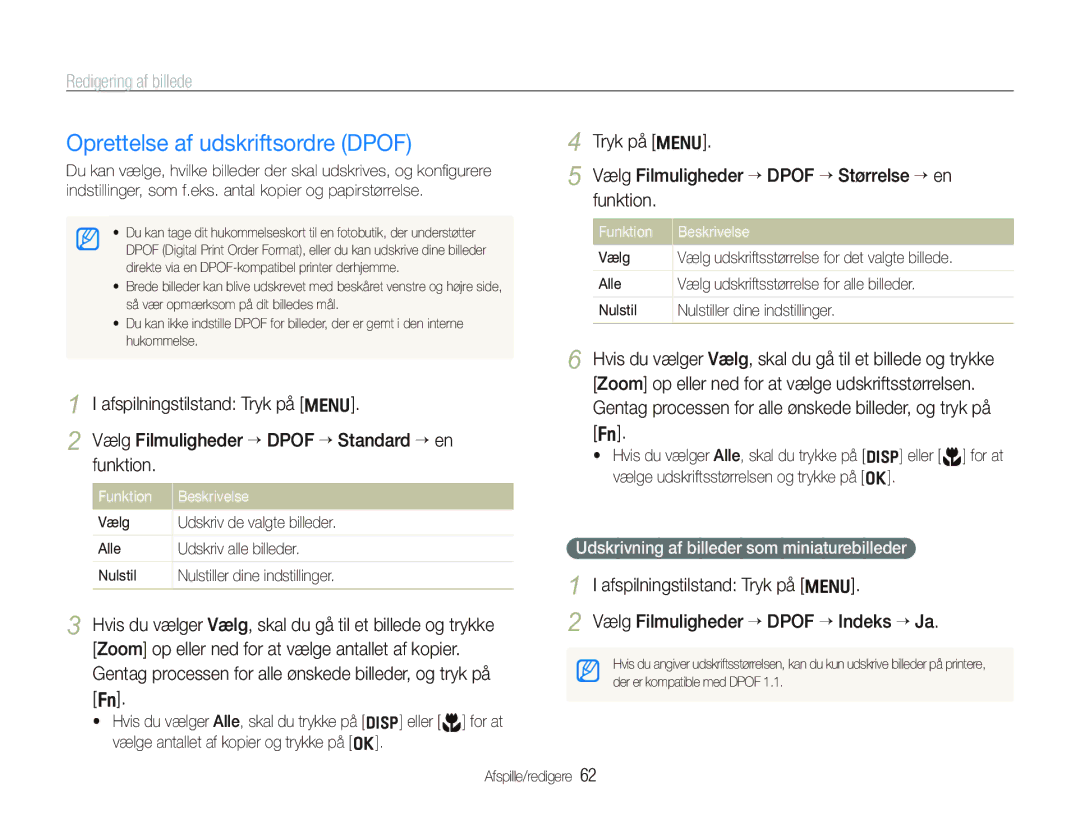 Samsung EC-PL70ZZBPPE2, EC-PL70ZZBPRE2, EC-PL70ZZBPBE2, EC-PL70ZZBPSE2 manual Oprettelse af udskriftsordre Dpof 