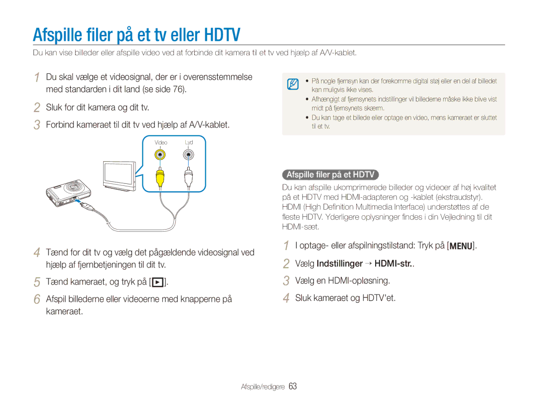 Samsung EC-PL70ZZBPRE2, EC-PL70ZZBPBE2, EC-PL70ZZBPSE2 manual Afspille filer på et tv eller Hdtv, Afspille filer på et Hdtv 