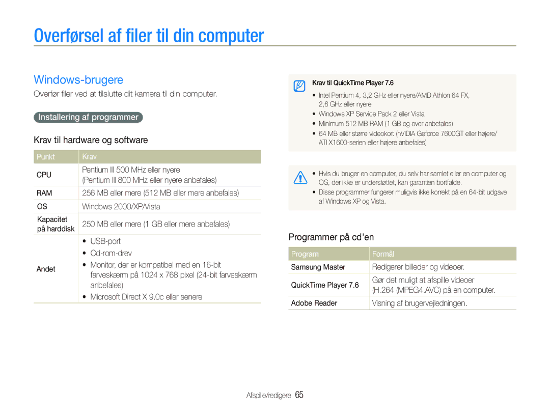 Samsung EC-PL70ZZBPSE2, EC-PL70ZZBPRE2 Overførsel af ﬁler til din computer, Windows-brugere, Krav til hardware og software 