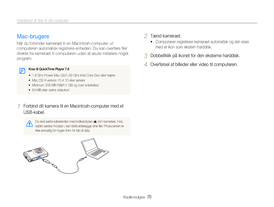 Samsung EC-PL70ZZBPPE2, EC-PL70ZZBPRE2, EC-PL70ZZBPBE2, EC-PL70ZZBPSE2 manual Mac-brugere, Tænd kameraet 