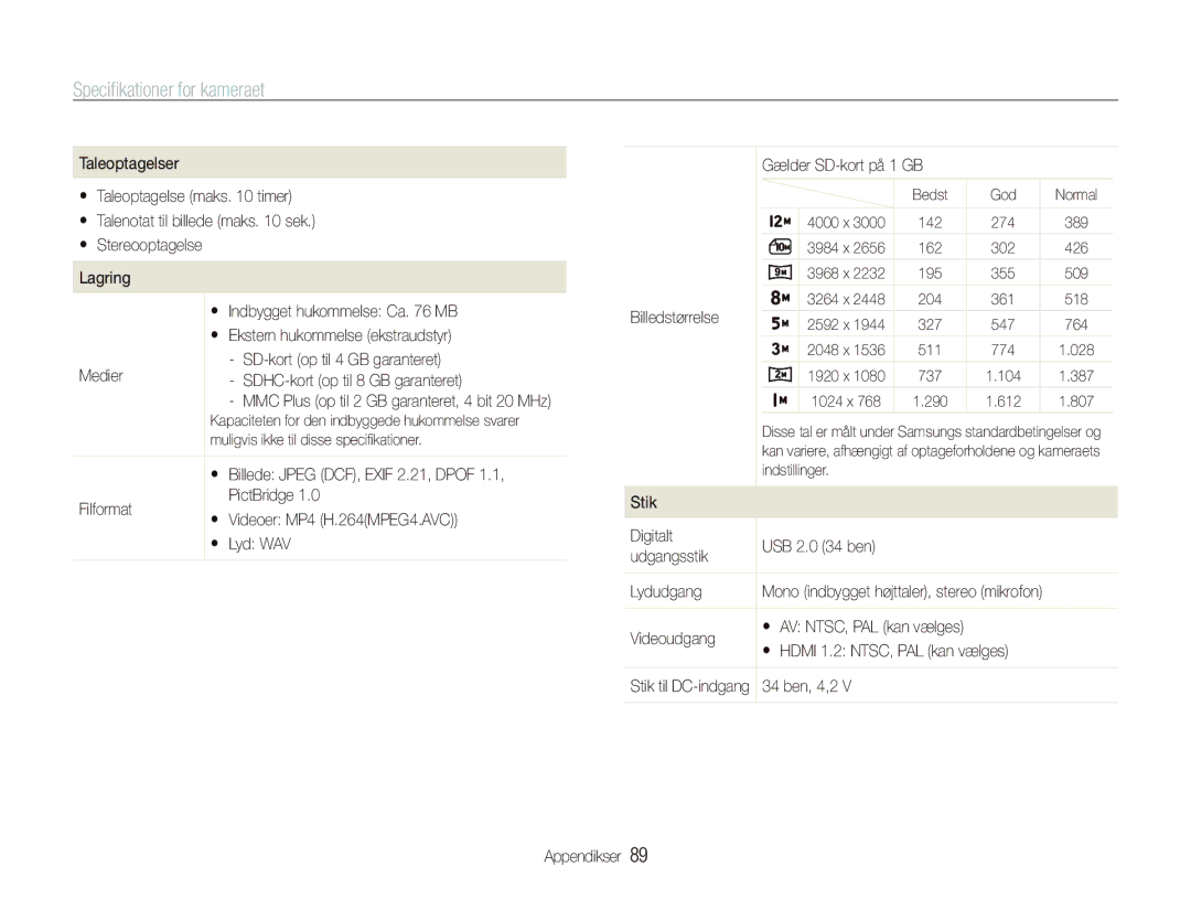 Samsung EC-PL70ZZBPSE2 manual PictBridge, Billedstørrelse Gælder SD-kort på 1 GB, Filformat,  Lyd WAV, 34 ben, 4,2 