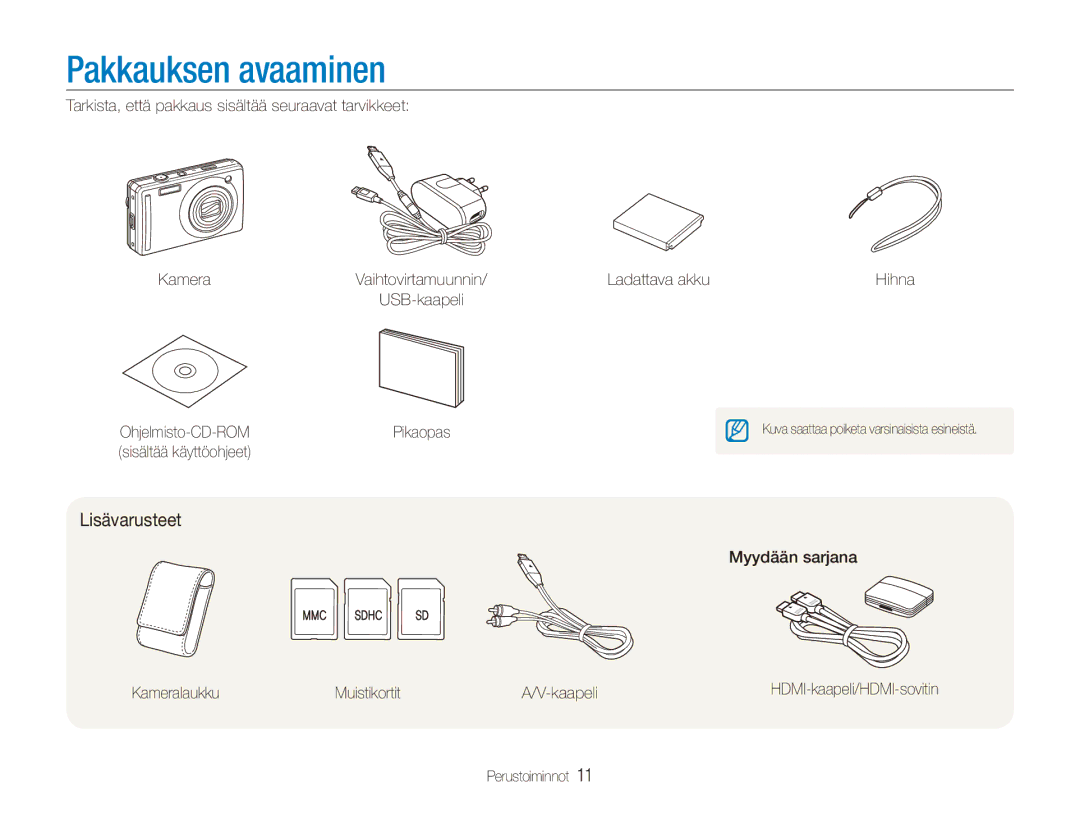 Samsung EC-PL70ZZBPRE2, EC-PL70ZZBPBE2, EC-PL70ZZBPSE2, EC-PL70ZZBPPE2 manual Pakkauksen avaaminen, Lisävarusteet 