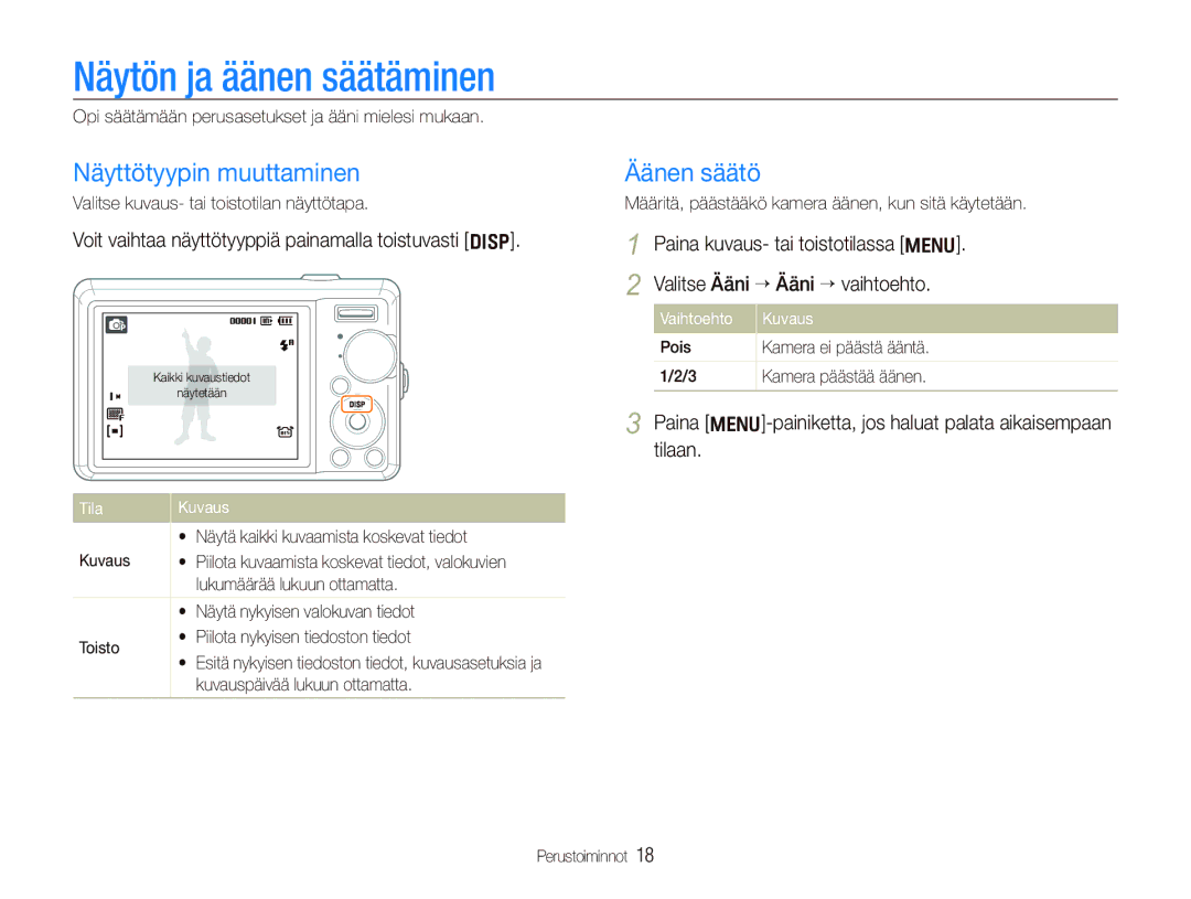 Samsung EC-PL70ZZBPPE2, EC-PL70ZZBPRE2, EC-PL70ZZBPBE2 Näytön ja äänen säätäminen, Näyttötyypin muuttaminen, Äänen säätö 