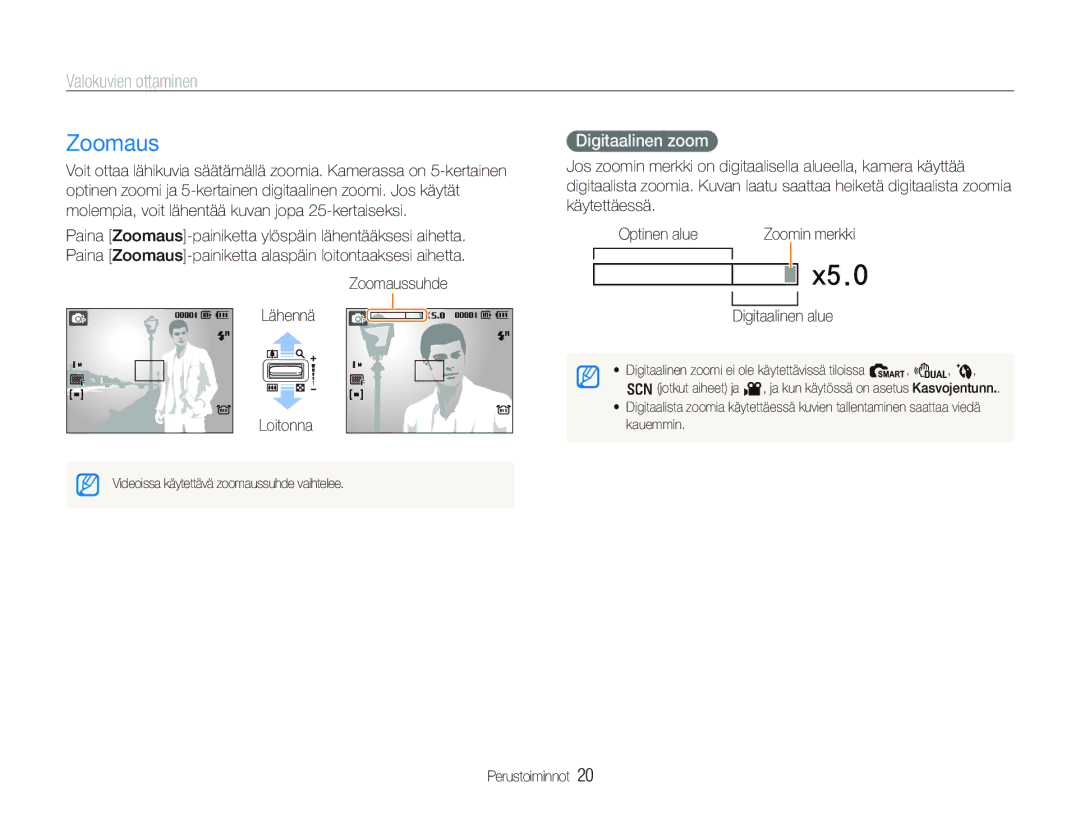 Samsung EC-PL70ZZBPBE2, EC-PL70ZZBPRE2, EC-PL70ZZBPSE2, EC-PL70ZZBPPE2 manual Zoomaus, Valokuvien ottaminen, Digitaalinen zoom 