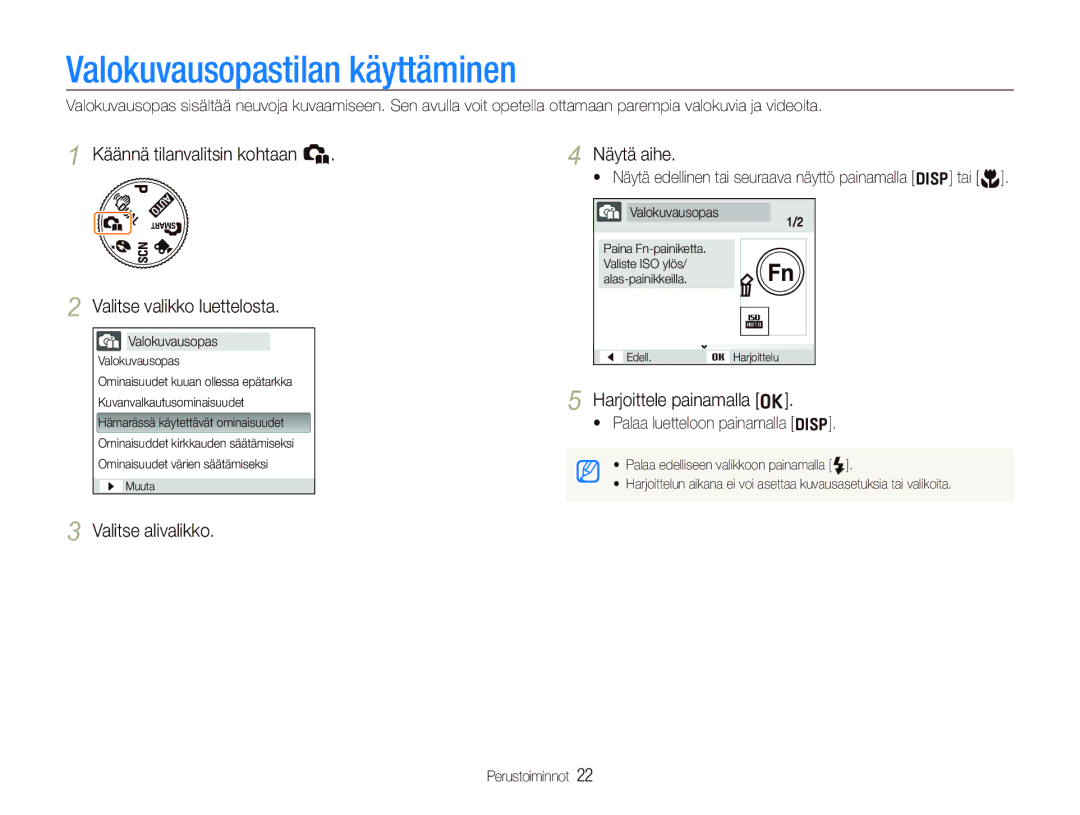 Samsung EC-PL70ZZBPPE2 manual Valokuvausopastilan käyttäminen, Käännä tilanvalitsin kohtaan h Valitse valikko luettelosta 