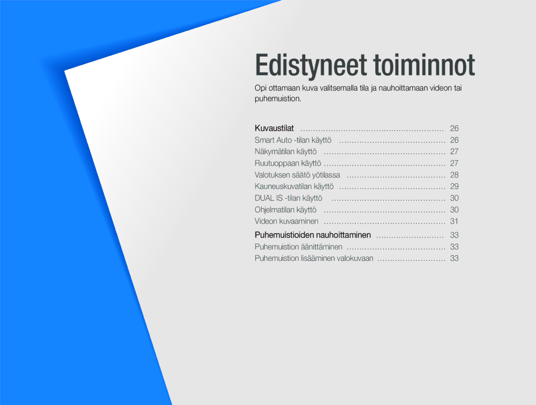 Samsung EC-PL70ZZBPSE2, EC-PL70ZZBPRE2, EC-PL70ZZBPBE2, EC-PL70ZZBPPE2 manual Edistyneet toiminnot 