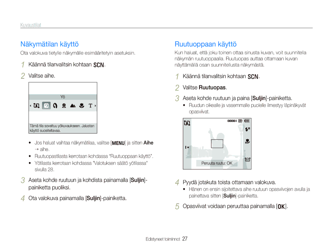 Samsung EC-PL70ZZBPRE2, EC-PL70ZZBPBE2, EC-PL70ZZBPSE2, EC-PL70ZZBPPE2 Näkymätilan käyttö, Ruutuoppaan käyttö, Kuvaustilat 