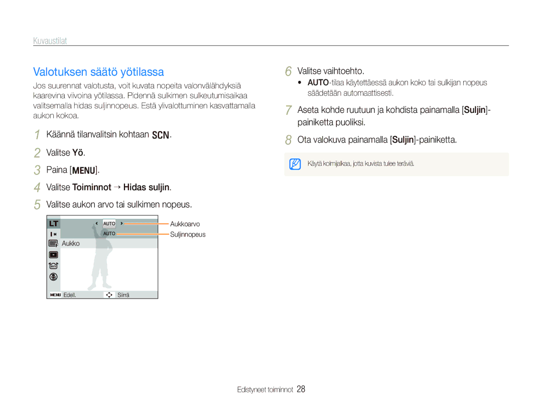 Samsung EC-PL70ZZBPBE2, EC-PL70ZZBPRE2, EC-PL70ZZBPSE2, EC-PL70ZZBPPE2 manual Valotuksen säätö yötilassa, Valitse vaihtoehto 