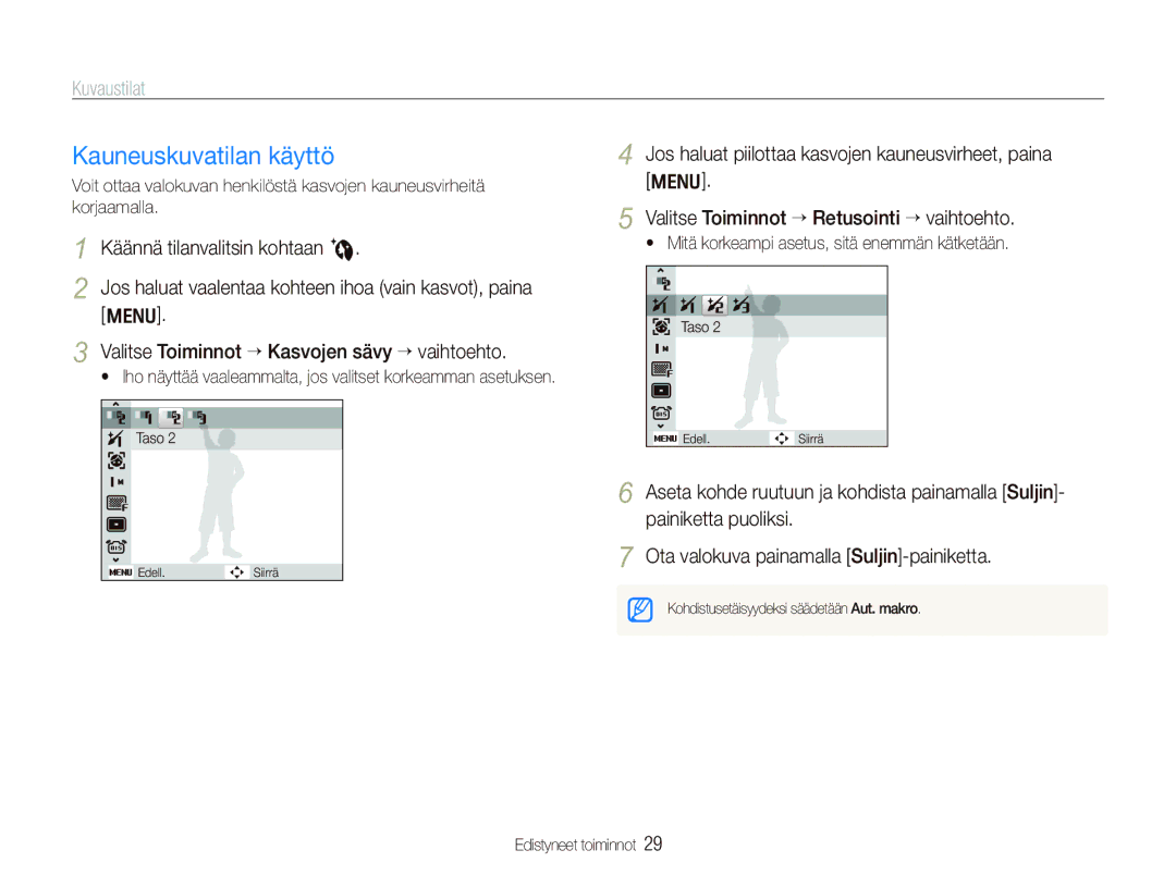 Samsung EC-PL70ZZBPSE2, EC-PL70ZZBPRE2, EC-PL70ZZBPBE2, EC-PL70ZZBPPE2 manual Kauneuskuvatilan käyttö 