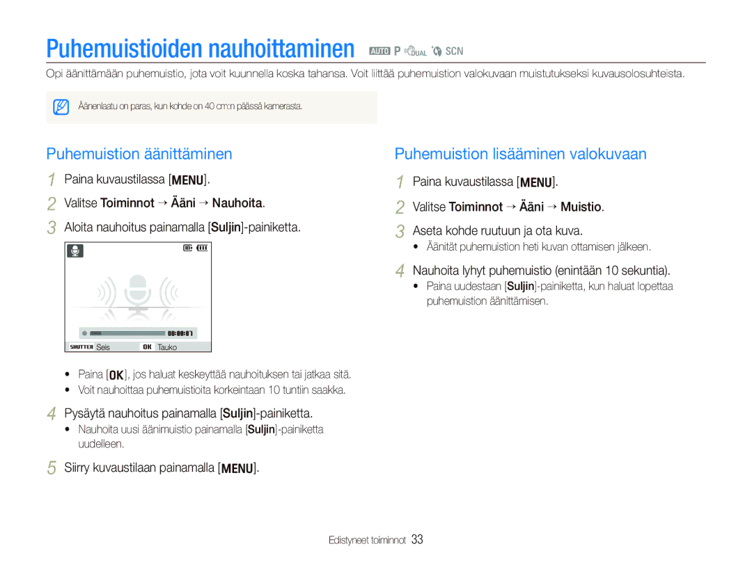 Samsung EC-PL70ZZBPSE2, EC-PL70ZZBPRE2 manual Puhemuistioiden nauhoittaminen a p d b s, Puhemuistion lisääminen valokuvaan 