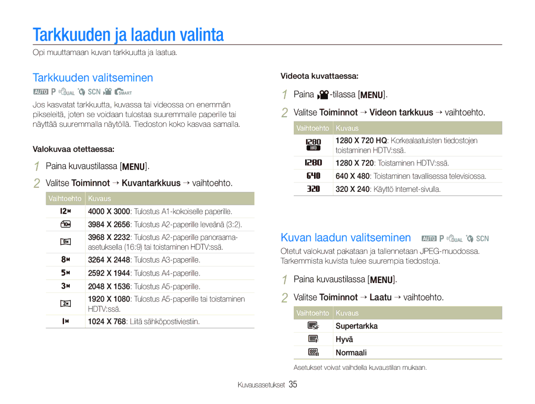 Samsung EC-PL70ZZBPRE2 manual Tarkkuuden ja laadun valinta, Tarkkuuden valitseminen, Kuvan laadun valitseminen a p d b s 