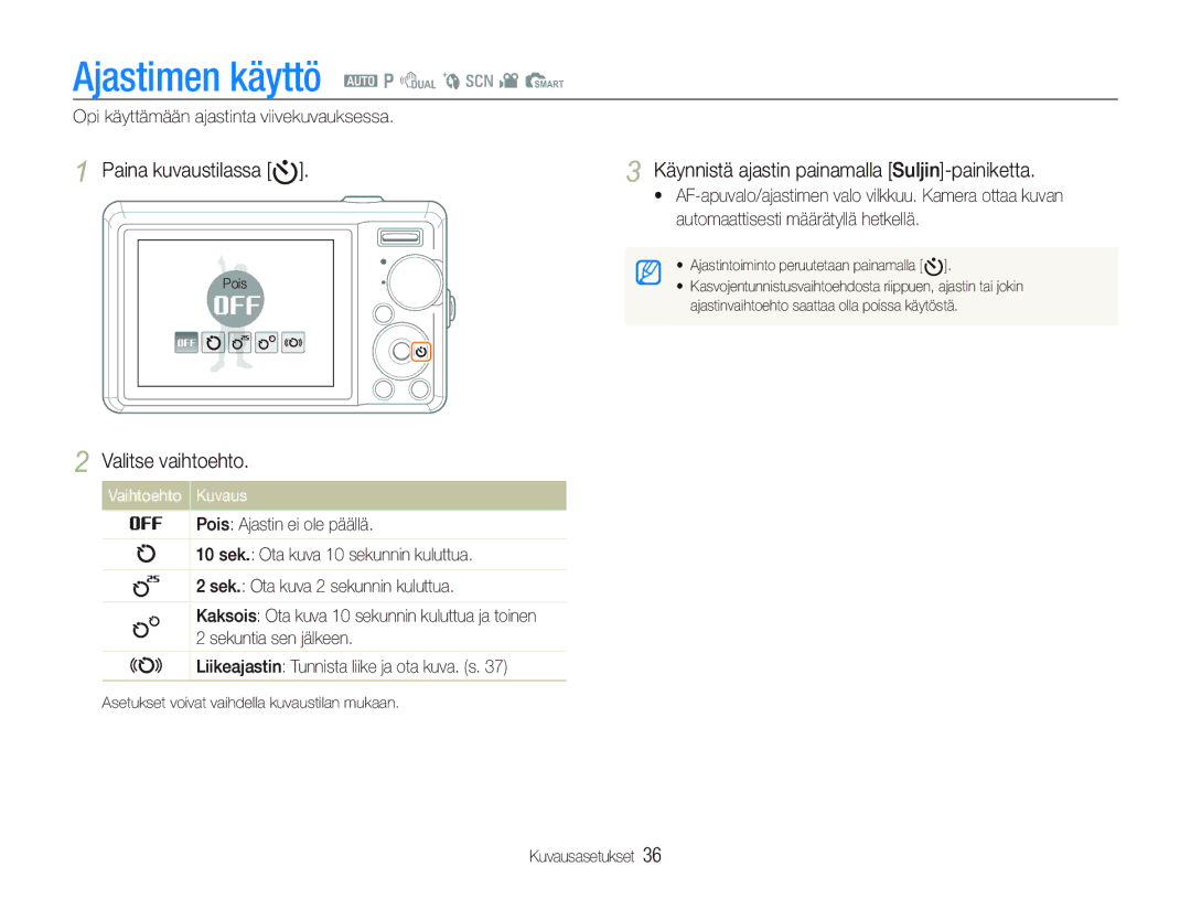 Samsung EC-PL70ZZBPBE2 Ajastimen käyttö a p d b s v S, Paina kuvaustilassa t, Opi käyttämään ajastinta viivekuvauksessa 