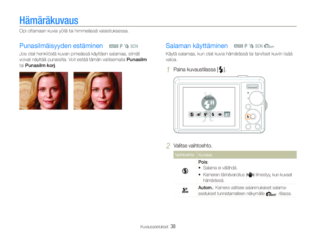 Samsung EC-PL70ZZBPPE2, EC-PL70ZZBPRE2 Hämäräkuvaus, Punasilmäisyyden estäminen a p b s, Salaman käyttäminen a p b s S 