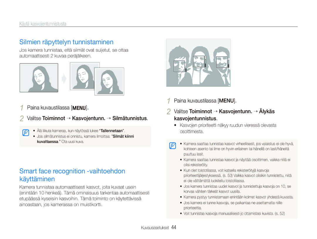 Samsung EC-PL70ZZBPBE2, EC-PL70ZZBPRE2 Silmien räpyttelyn tunnistaminen, Smart face recognition -vaihtoehdon käyttäminen 