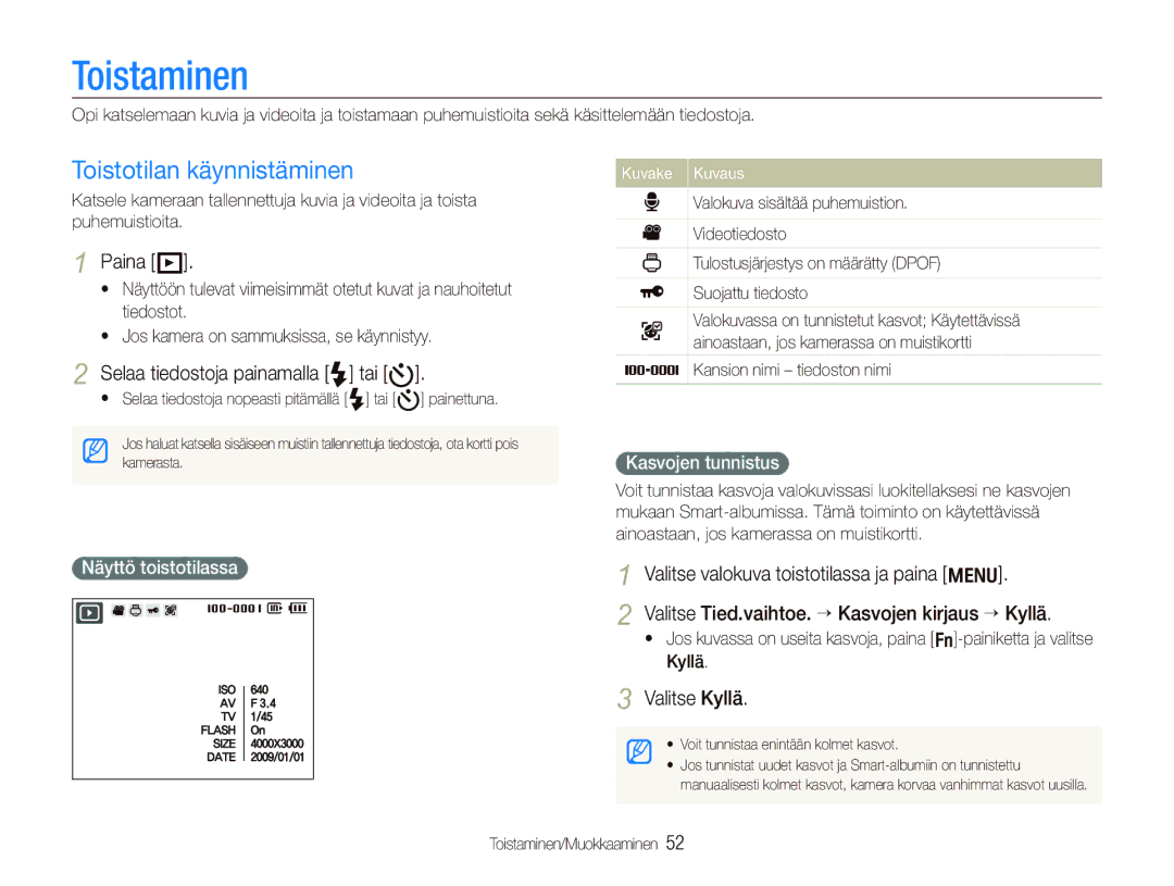 Samsung EC-PL70ZZBPBE2, EC-PL70ZZBPRE2, EC-PL70ZZBPSE2, EC-PL70ZZBPPE2 manual Toistaminen, Toistotilan käynnistäminen 