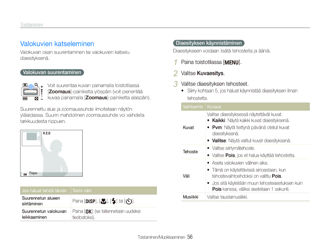 Samsung EC-PL70ZZBPBE2, EC-PL70ZZBPRE2 manual Valokuvien katseleminen, Valokuvan suurentaminen, Diaesityksen käynnistäminen 