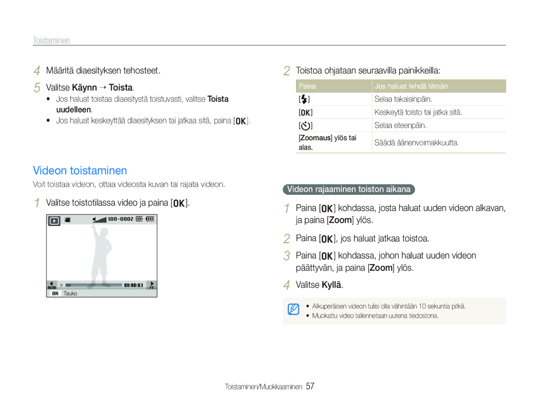 Samsung EC-PL70ZZBPSE2, EC-PL70ZZBPRE2 manual Videon toistaminen, Määritä diaesityksen tehosteet Valitse Käynn ““Toista 