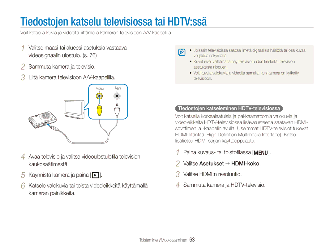 Samsung EC-PL70ZZBPRE2 manual Tiedostojen katselu televisiossa tai HDTVssä, Tiedostojen katseleminen HDTV-televisiossa 