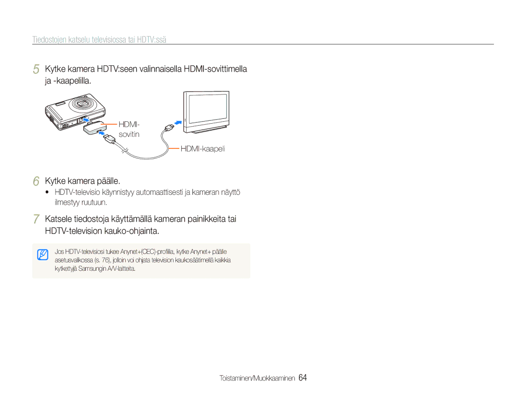 Samsung EC-PL70ZZBPBE2 manual Tiedostojen katselu televisiossa tai HDTVssä, Kytke kamera päälle, HDMI- sovitin HDMI-kaapeli 