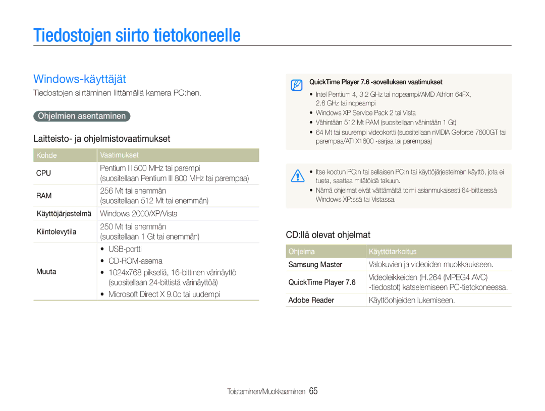 Samsung EC-PL70ZZBPSE2 manual Tiedostojen siirto tietokoneelle, Windows-käyttäjät, Laitteisto- ja ohjelmistovaatimukset 