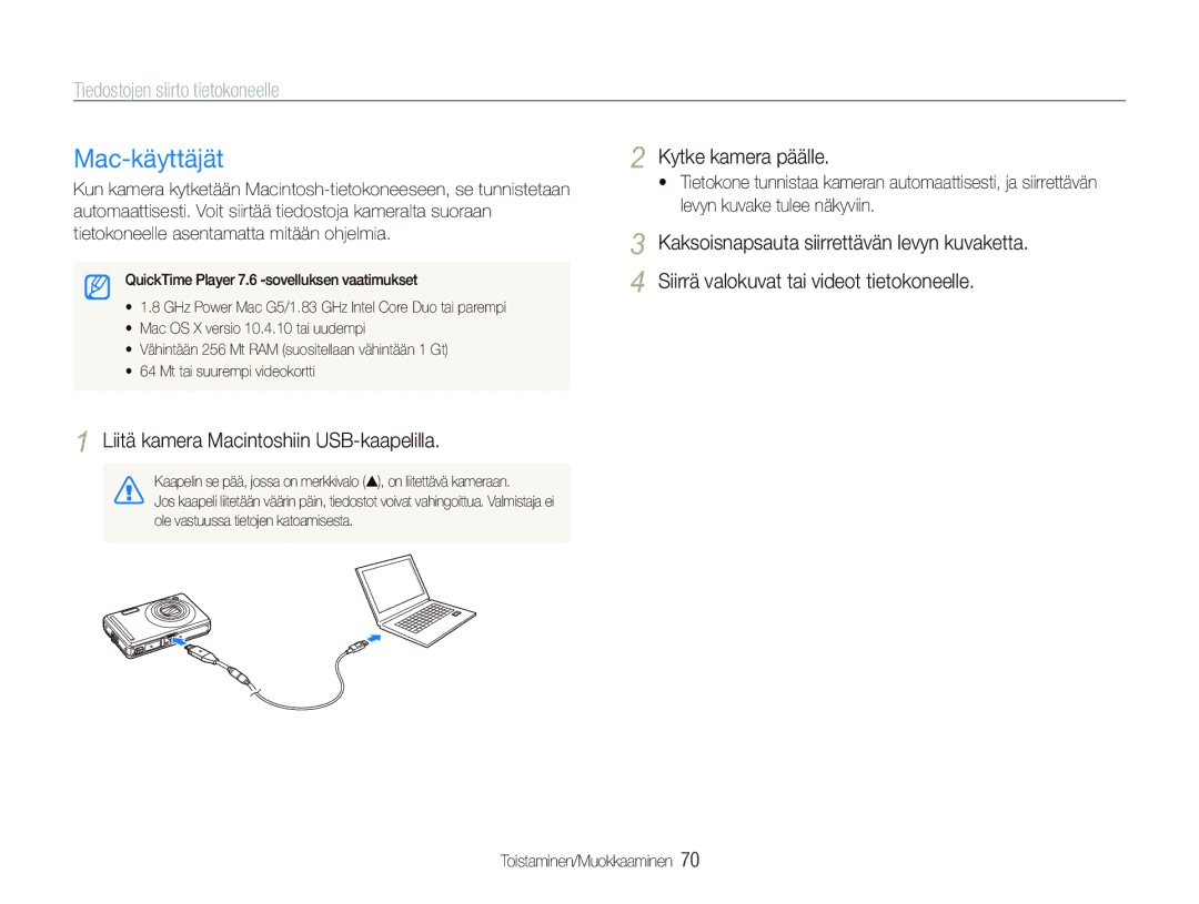 Samsung EC-PL70ZZBPPE2, EC-PL70ZZBPRE2, EC-PL70ZZBPBE2, EC-PL70ZZBPSE2 manual Mac-käyttäjät, Kytke kamera päälle 