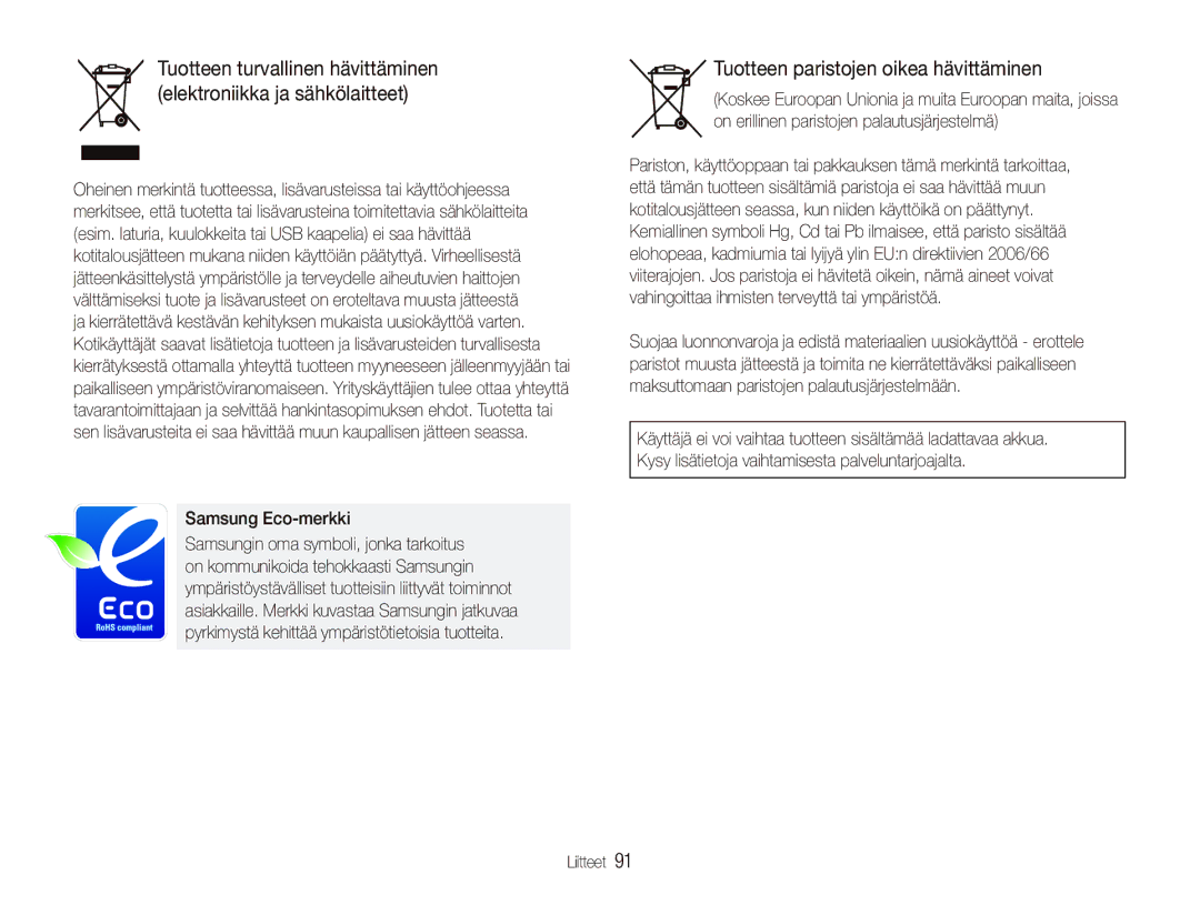 Samsung EC-PL70ZZBPRE2, EC-PL70ZZBPBE2, EC-PL70ZZBPSE2 manual Tuotteen paristojen oikea hävittäminen, Samsung Eco-merkki 