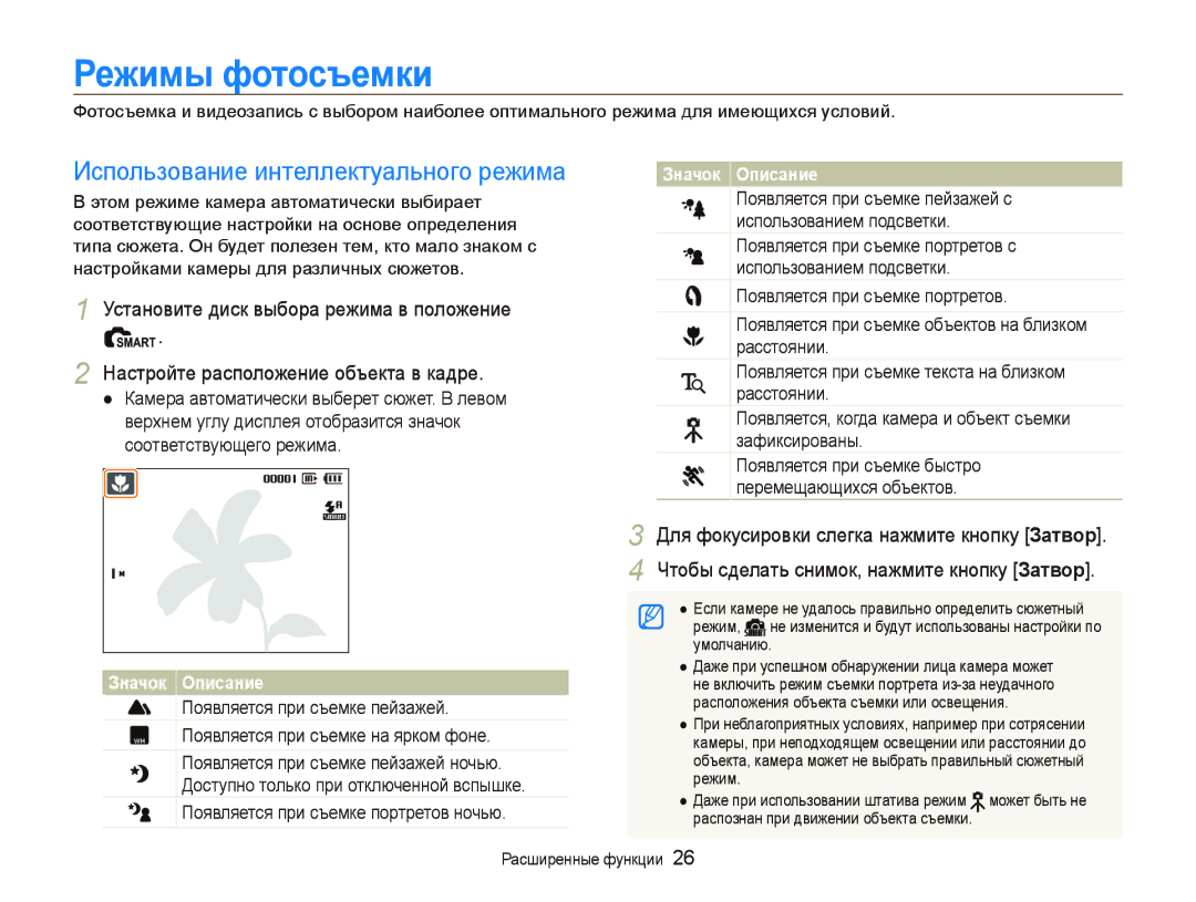 Samsung EC-PL70ZZBPPRU, EC-PL70ZZBPSRU, EC-PL70ZZBPRRU manual Режимы фотосъемки, Использование интеллектуального режима 